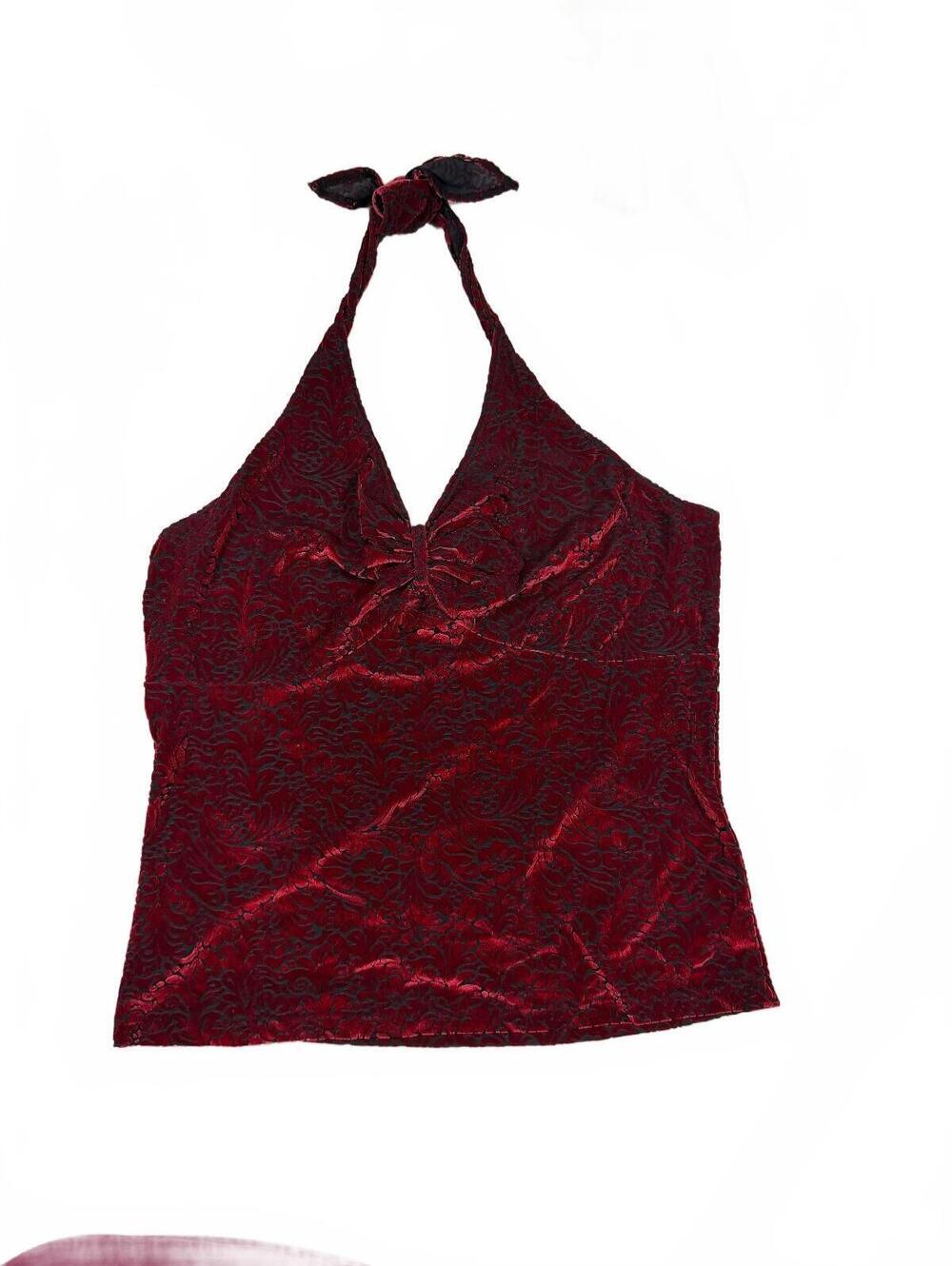 Y2K 90s Vintage Fashion Bug Red and Black Crushed Velvet Halter Top Size L